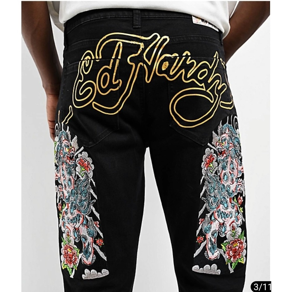 Ed Hardy Mens Black‎ Foo Dog Embroidered Jeans Y2K Streetwear 38x32 MEHD8301-9